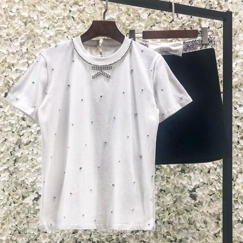 Luxury White O-Neck Designer New Dragonfly Rhinestone Short-Sleeved White Office Ladies T-Shirt Women Brand Clothes 2021