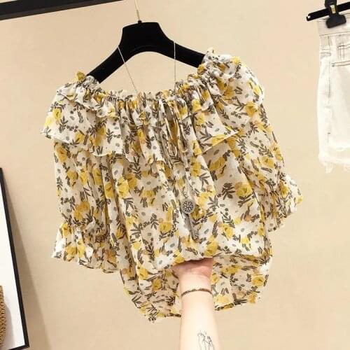 Slash Collar Floral Print Blouses for Women Chiffon Shirt Korean Ruffles Sleeve Blouse Office Tops Summer Shirts Blusas De Mujer