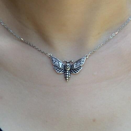 Vintage Cute Butterfly Necklace Death Head Butterfly Pendant Necklace Gothic Jewelry