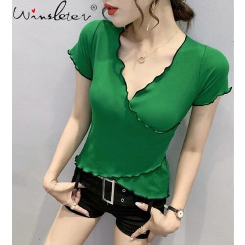 Summer Korean Style Cotton T-Shirt Fashion Sexy Bordered V-Neck Ruffles Women Tops Short Sleeve Bottoming Shirt Tees New T15224A