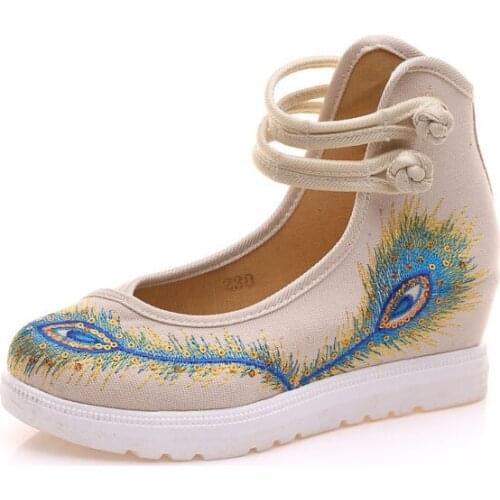 Retro New Fashion Female Cotton Embroidered Slope With The Increase Shoe Handmade Feathers Ladies Casual Mary Janes Pump Shoes