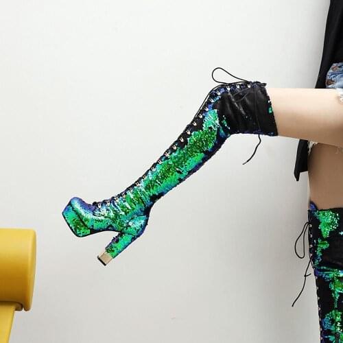 Sequined women over the knee high boots super high Heels Platform ladies Boots party Wedding Shoes Woman size 41 42 43