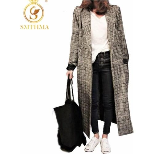 SMTHMA 2021 Winter Runway Tweed Wool Coat Women Jacket And Casual Lattice Single-Breasted Long Plaid Coat Abrigo Mujer