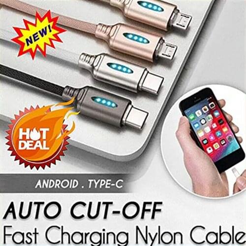 1m Auto Cut-off Fast Charging Nylon Cable Mobile Phone Intelligent Power Off Data Charger Cable For Android Micro USB Type-C