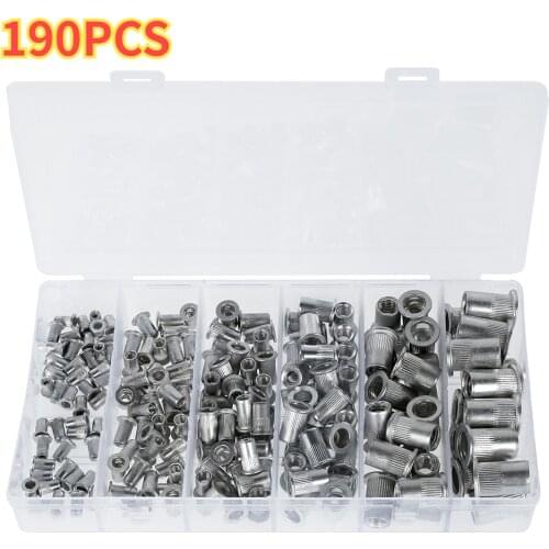 190Pcs M3 M4 M5 M6 Rivet Nuts Carbon Steel Flat Head Threaded Insert Nut Rivet Cap Set Threaded Insert Nut Kit with Storage Box