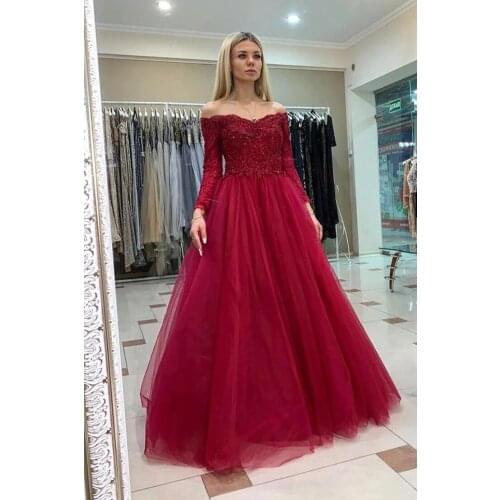 Burgundy Tulle Appliques Prom Dress 2021 Off Shoulder Long Sleeve Evening Formal Party Ball Gowns robes de soirée