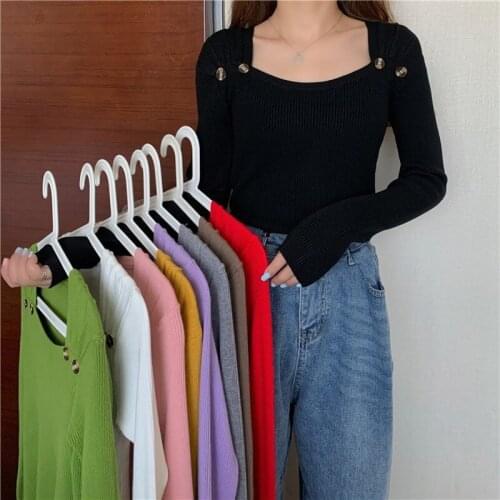 Temperament Square Collar Elegant Knitted Pullovers Button Decoration Long Sleeve Slim Sweater Woman Candy Color Soft Jumper
