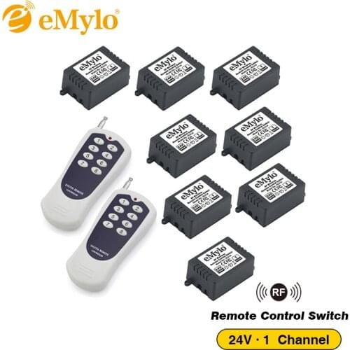EMylo DC 24V Learning Smart Switch RF Wireless Remote Control Light Switch 2X Black&White Transmitter 8X 1 Channel Relays 433Mhz