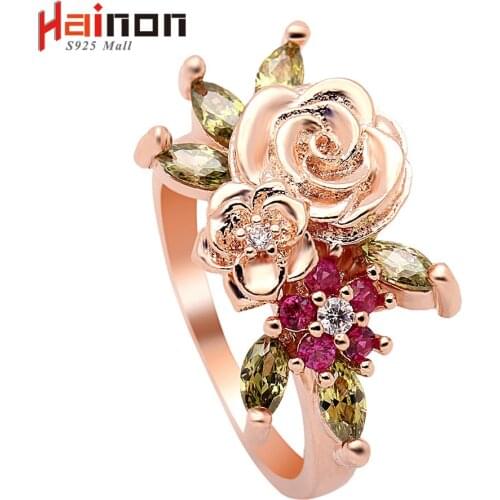 Hainon Rose Gold Color My Princess Queen Rose Engagement Ring with Red Green CZ Authentic Lovely Fower Jewelry Birthday Gift