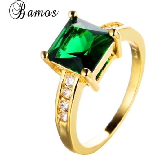 Bamos Gorgeous Yellow Gold Filled Birthstone Engagement Jewelry Multicolor Square AAA Zircon Green/Blue/Red Rainbow Rings Gifts