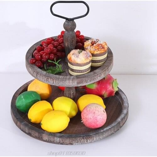 Round Double Layer Wooden Cake Stand Holder with Metal Handle Dessert Table Tray Cupcake Display Rack Birthday Jy2 21 Dropship