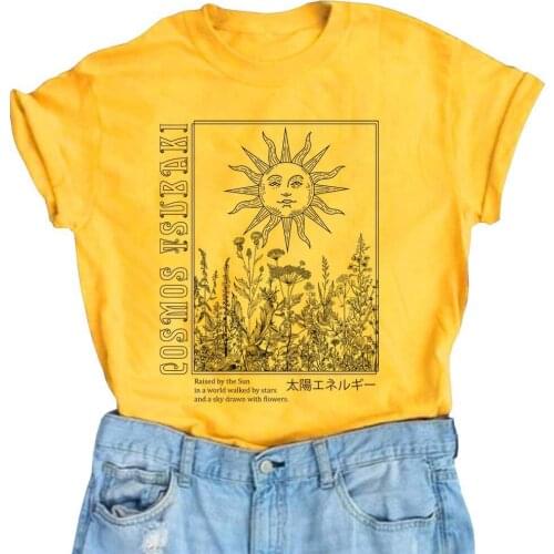 Kuakuayu HJN Sun Plants Print Vintage Boho Style Chic T Shirt Womens Retro Cotton Short Sleeve T-shirt Graphic Tees