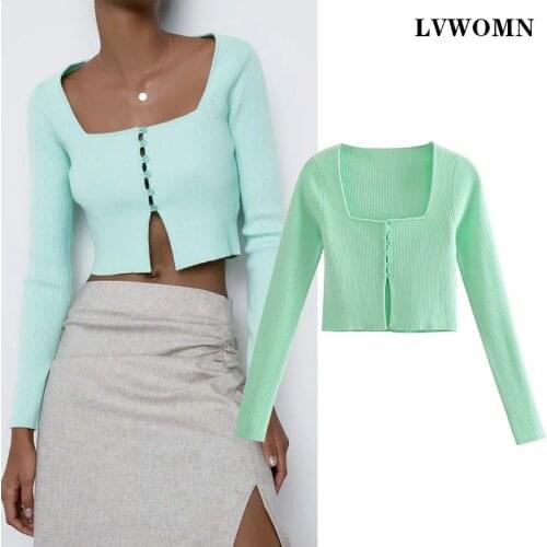 LVWOMN Cardigan Sweater Za 2021 Spring Cute Square Collar Green Cropped Cardigan Long Sleeve Womens Knitted Jacket Sweaters Top