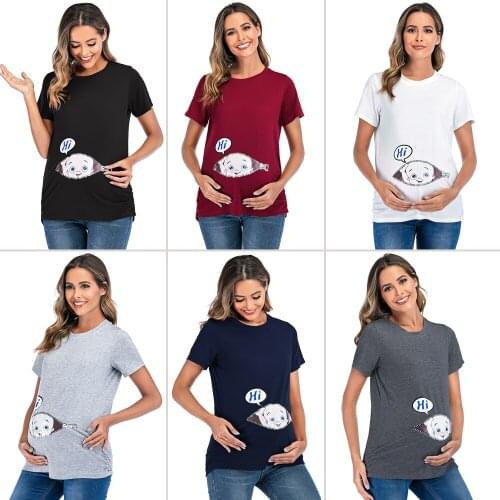 2020 New Summer Women Pregnancy Clothes Baby Hi Printed Maternity Short T Shirt Solid Top for Photography Photo Shoot Plus Size