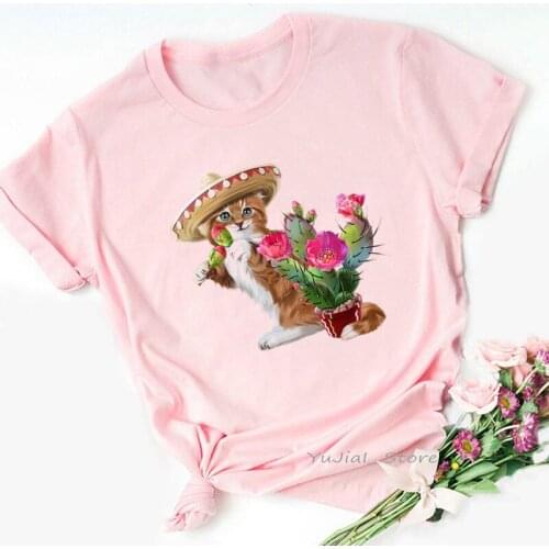 New Arrival 2021 Kawaii Cat Animal Print Tshirts Women Cactus Flower T Shirt Female Harajuku Shirt Tumblr Tops Tee Shirt Femme