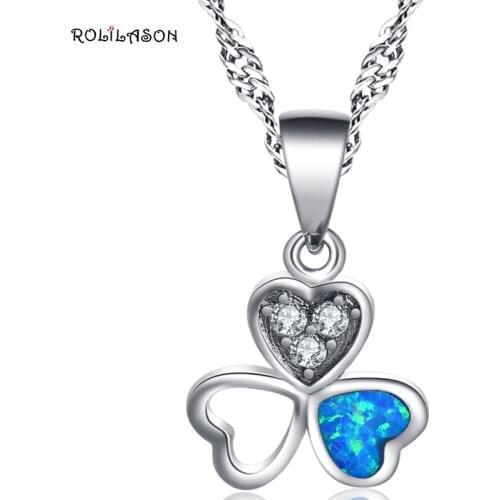 ROLILASON Mysterious stone for ladies Silver Pendant Necklaces White crystal blue Fire Opal for Women Fashion Jewelry OP799