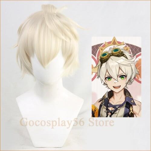 Genshin Impact Bennett Cosplay Wig Short Pale Golden Beige Heat Resistant Hair Halloween Role Play