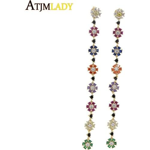 Gold filled cubic zirconia colorful cz trendy gorgeous women jewelry geometric long tassel rainbow flower fashion earring