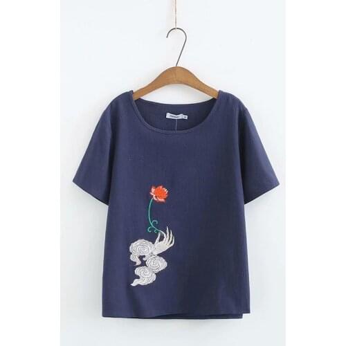 Plus Size XL-4XL Women Summer Tshirt Vintage Embroidery Short Sleeved Summer Tops Oversized A-line Tee