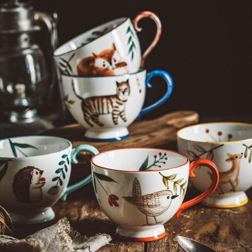 HandPainted Cat Fox Bird Hedgehog Deer Mug Porcelain Coffee Tea Milk Water Cup For Home Family Office Kitchen Drinkware