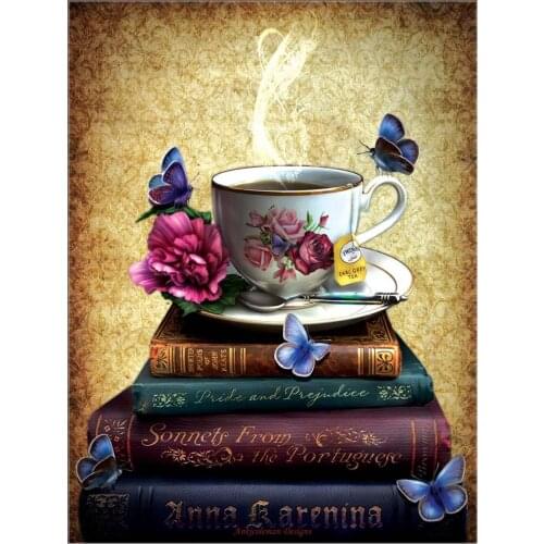 Tea and Books - Counted Cross Stitch Kits - DIY Handmade Needlework for Embroidery 14 ct Cross Stitch Sets DMC Color