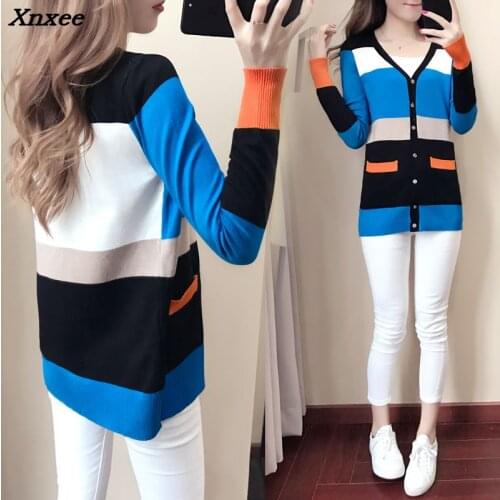 2018 autumn winter Women ladies V-neck button placket Long Sleeve soft Cardigan sweater top femme korean Multi Stripe coat Xnxee