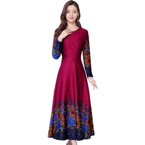 Long sleeve Print Long Dress Women 2019 Autumn new Vintage A-line Dress temperament V-Neck Ankle-Length dress women