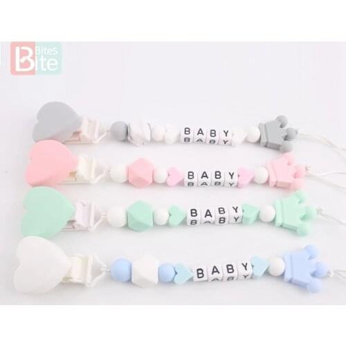 Bite Bites 1PC Heart Pacifier Chain Customize Name Rodent Silicone Beads Acrylic Letters Chewable Crown Pendant Baby Teether