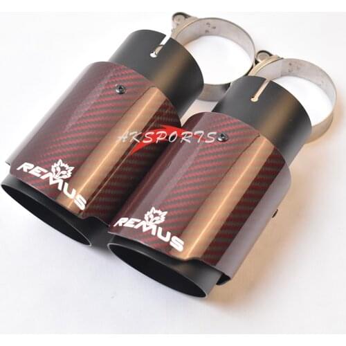 1PC Car Red Glossy Straight Flange Fiber Carbon Tail End Black Stainless Steel Muffler Pipe Exhaust Tip With Remus Logo