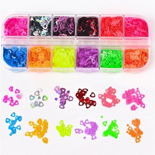 12 Grid Hollow Love Heart Sequins 1Box 3D Colorful Holographic Glitter Laser Rivet Nail Art Decoration Manicure Accessories JK#5