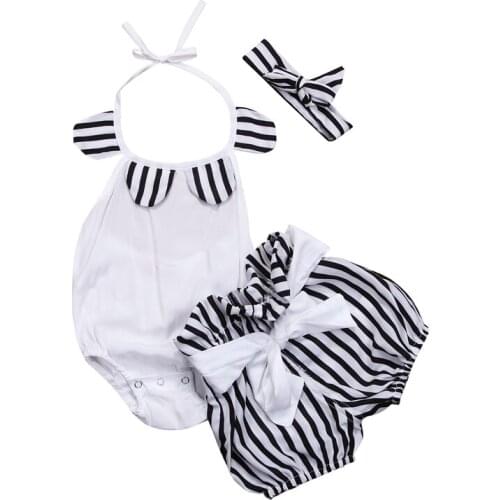 Kids Baby Girl Summer Halter Clothes Sunsuit Toddler Girls Crop Tops Romper+Striped Shorts Headband 3Pcs Outfit Set Clothes