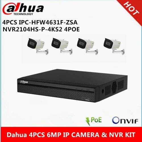 Dahua 4 pcs IPC-HFW4631F-ZSA built-in Mic 2.7-13.5mm zoom lens 6MP Camera & NVR2104HS-P-4KS2 4CH with 4 POE NVR support P2P