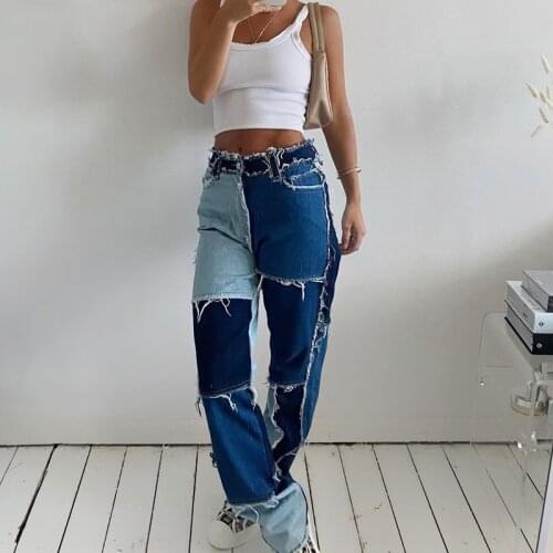 5 Colors Women Patchwork High Waist Straight Leg Pants Streetwear Jeans Color Block Trousers Sexy Brown Contrast Stitch Pants