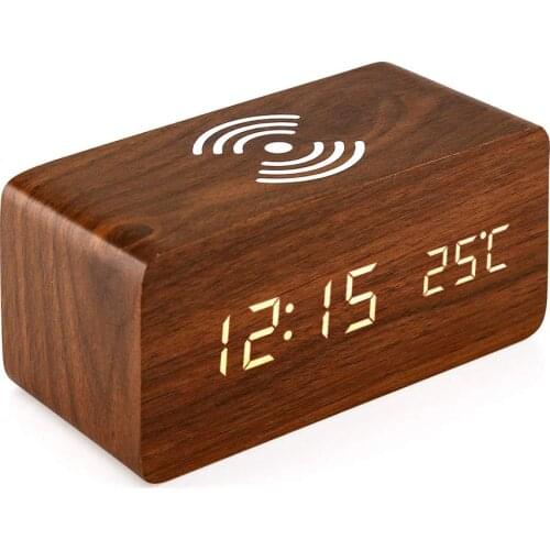 LUDA Alarm Clock With For Qi Wireless Charging Pad Compatible With For Iphone Samsung Wood Led Digital Clock Sound Control Fun