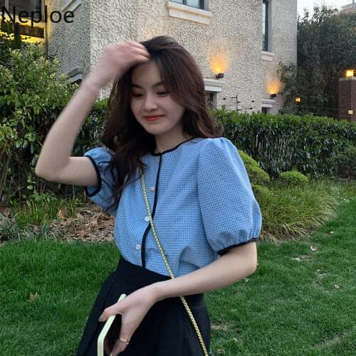 Neploe Temperament Casual Plaid Shirts Women 2021 Summer Simple O Neck Puff Sleeve Blouses Korean Elegant Single Breasted Tops