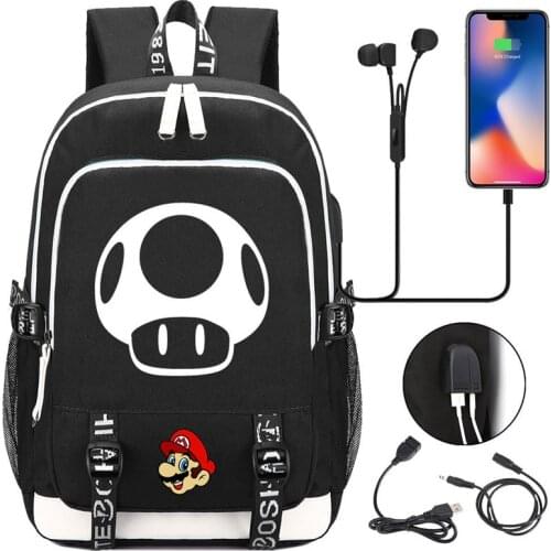 Super Mario Game Kids Backpack Usb Canvas Shoulder Students Men Women Office Backpack Outdoor Usb Interface School Bag