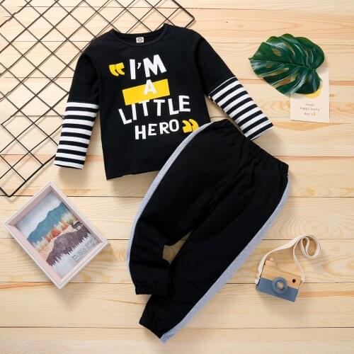 Suitable for 18 month old boy-5-year-old boy suit round neck stripe sea soul long sleeve letter T-shirt+trousers childrens suit
