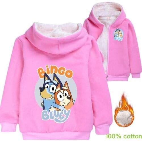Winter new style cotton cartoon bingo bluey print plus velvet thick warm casual hooded zipper jacket boy Girls kids cotton coat