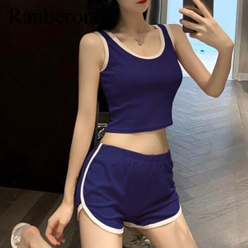 Ranberone Summer Tracksuit Women Vest + Shorts Sports Suit Female Two Piece Casual Yoga Suit Solid Sport Suit Support Wholesale