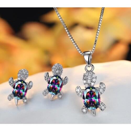 Mystic Rainbow Crystal Turtle Jewelry Sets Vintage Silver Color Multicolor Stone Necklace Earrings For Women Wedding Bridal Sets