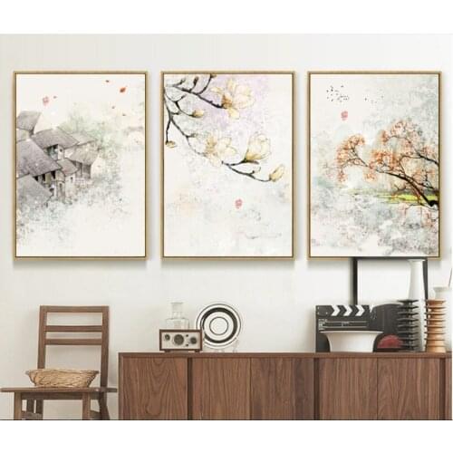 New Chinese Ink Floral Abstraction Wall Art Print Picture Canvas Painting Poster for Living Room No Framed 3 Pieces