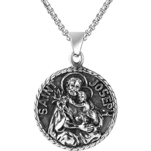Retro Jesus Necklace Round Pendant for Men Boy Saint-Joseph Christian Religious Male Jewelry Stainless Steel 24Inch