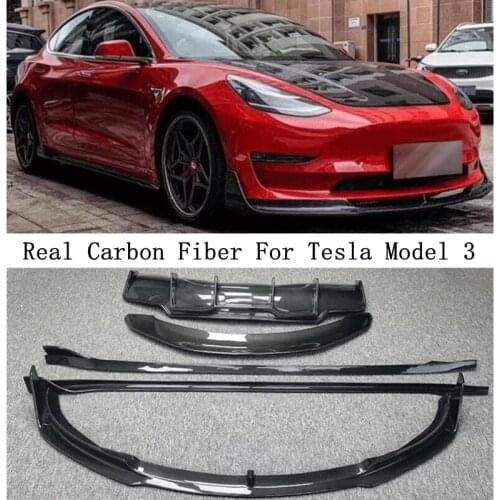 For Tesla Model 3 2019 2020 2021 2022 Real Carbon Fiber Front Rear Lip Diffuser Bumper Spoiler Side Skirt Kit Auto Accessories