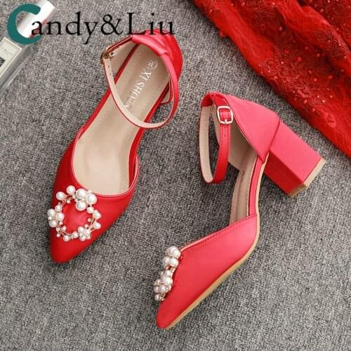 Wedding Sandals Fat Square Chunky Heel Traditional Party Dress Red Bridal High Heels Pearl Crystal Satin Pregnant Women Pumps
