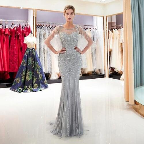 In Stock Luxury Cape Beaded Party Gown O Neckline Mermaid Evening Prom