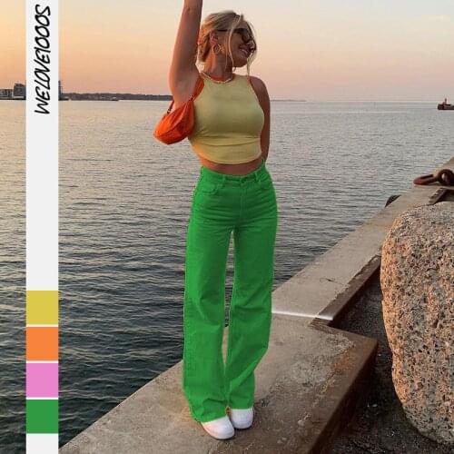 Y2K Vintage Button Straight Pants Women Casual High Waist Solid Loose Trousers Ladies Streetwear Jeans Green Denim Long Pants