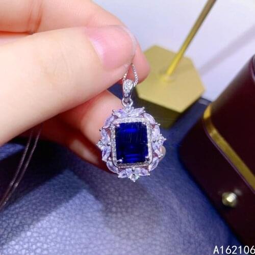 Fine Jewelry 925 Pure Silver Inlaid Natural Sapphire Girl Luxury Fashion Rectangle Chinese Style Gem Pendant Necklace Support De