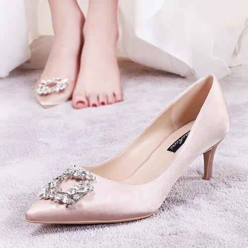 Womens wedding shoes new button diamond wedding dress high heels champagne dress bride shoes light mouth thin single shoes