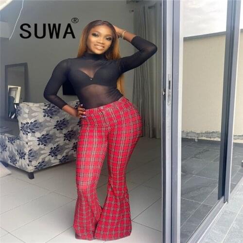 Bell Bottoms Woman Autumn High Waist Flare Pants Festival Clothing Stretchy Trousers Hippie Boho Wear Tight Plaid Vintage