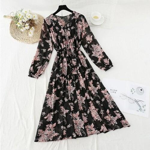 Women Flowers Print Casual A-line Dress Elegant Long Sleeve Boho Chiffon Vestidos Spring Summer Vintage Midi Dresses